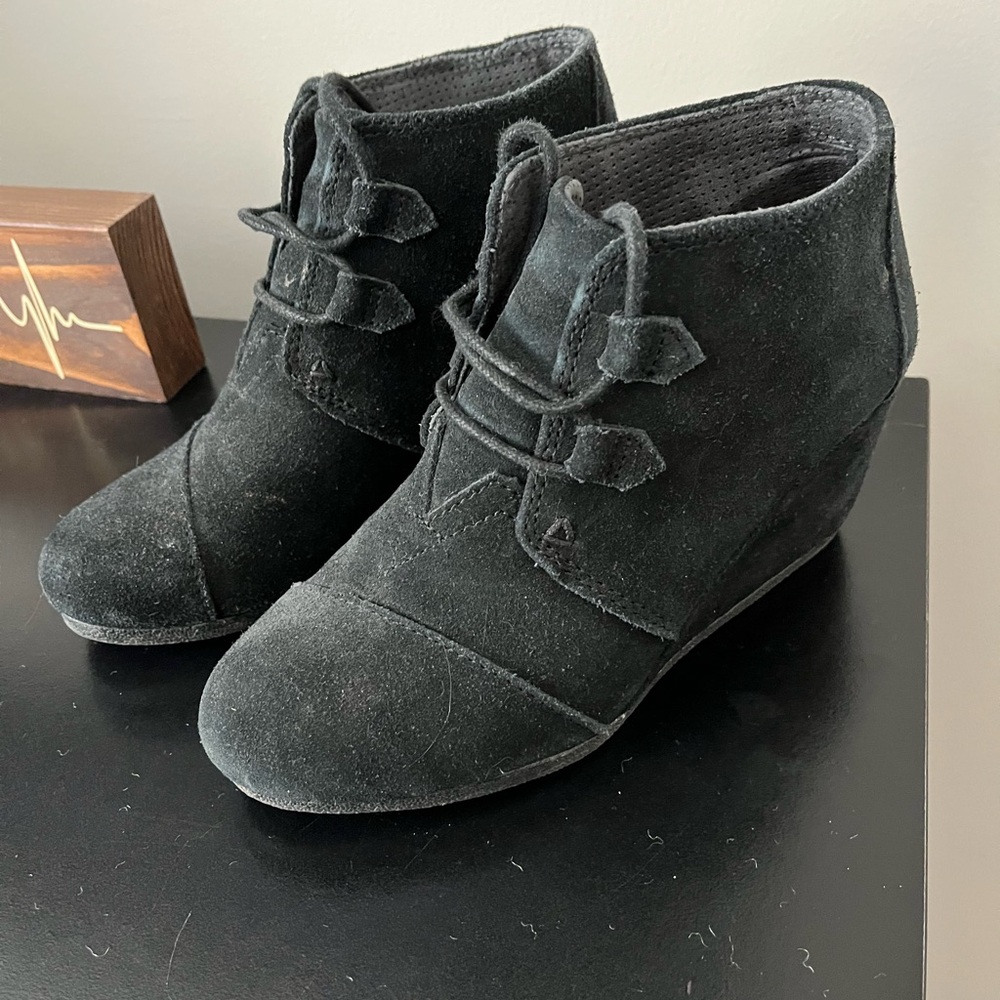TOMS Black Suede Wedge Booties